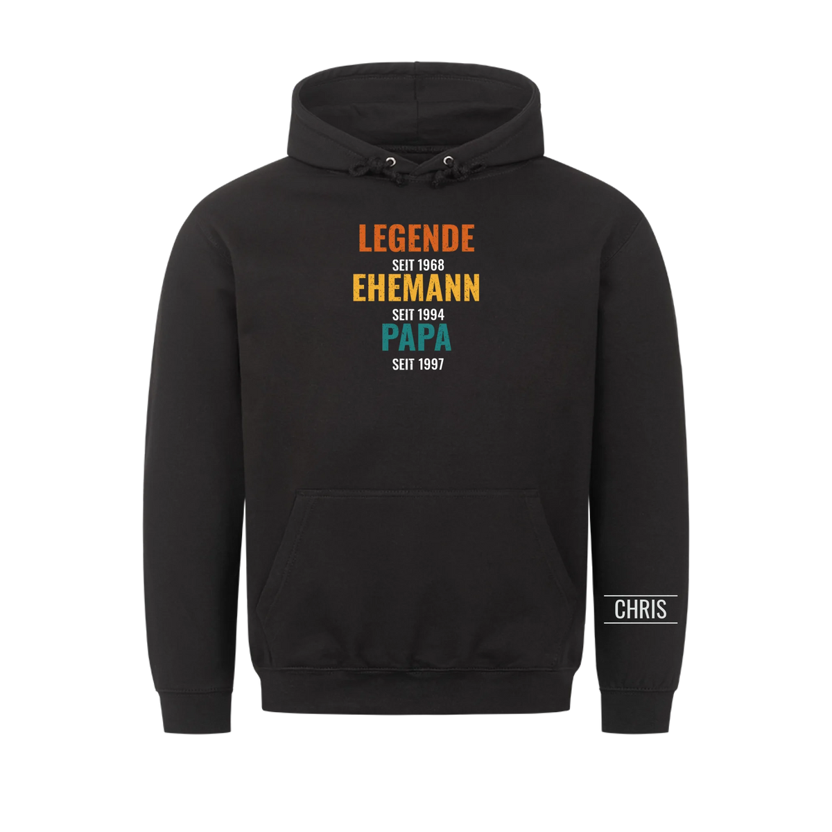 Legende Ehemann Papa T-Shirt mit Jahreszahlen und Name am Ärmel. Geschenk für Papa