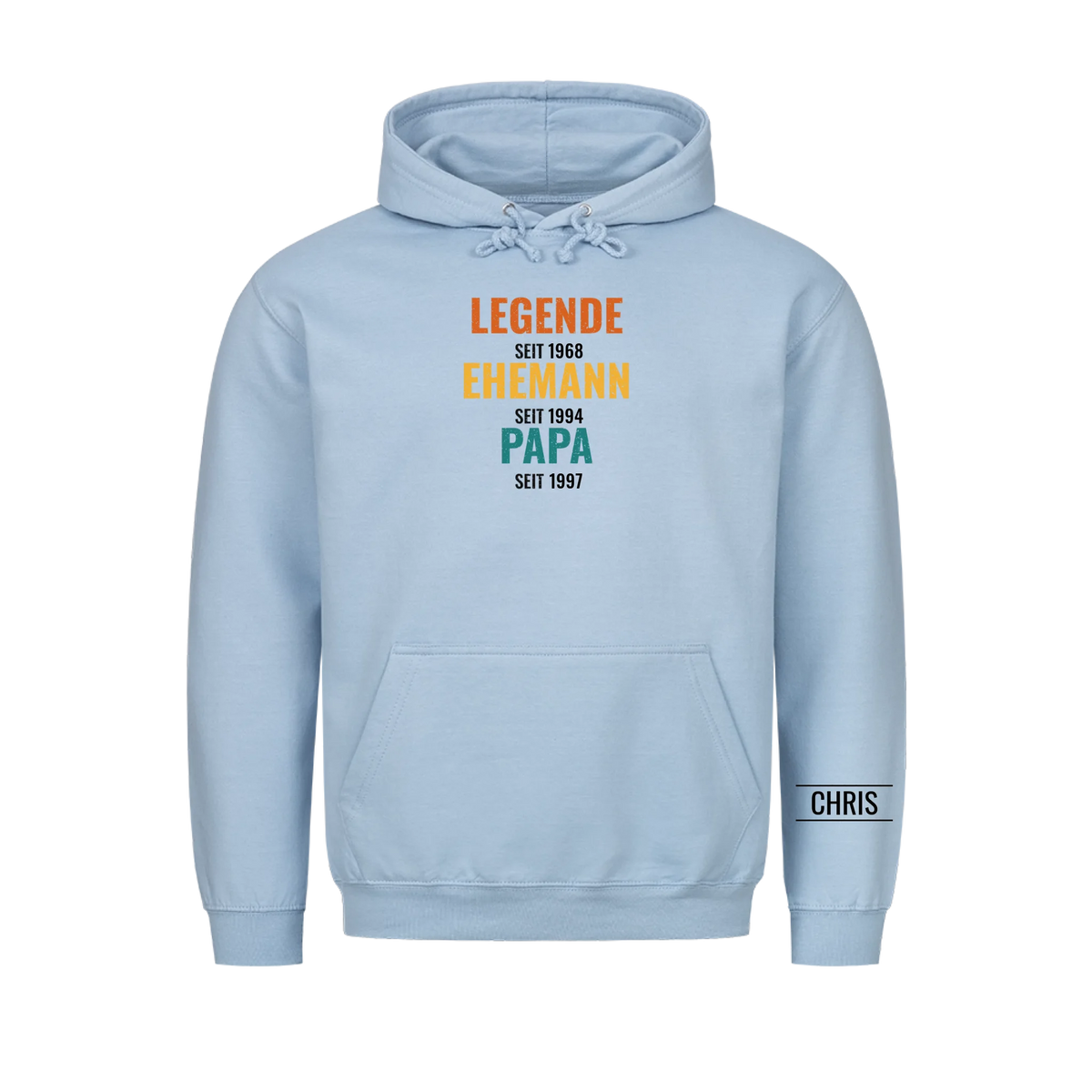 Legende Ehemann Papa T-Shirt mit Jahreszahlen und Name am Ärmel. Geschenk für Papa