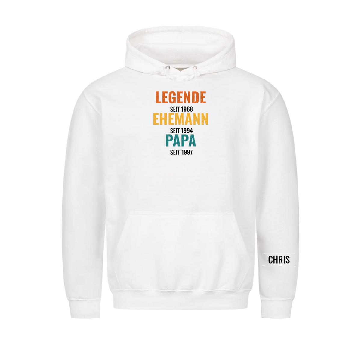 Legende Ehemann Papa T-Shirt mit Jahreszahlen und Name am Ärmel. Geschenk für Papa