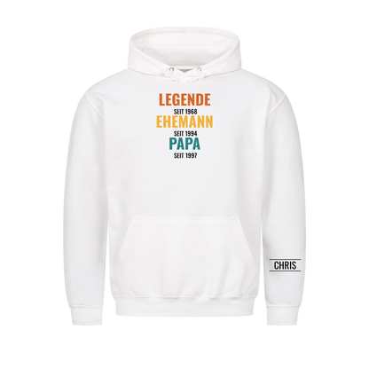 Legende Ehemann Papa T-Shirt mit Jahreszahlen und Name am Ärmel. Geschenk für Papa