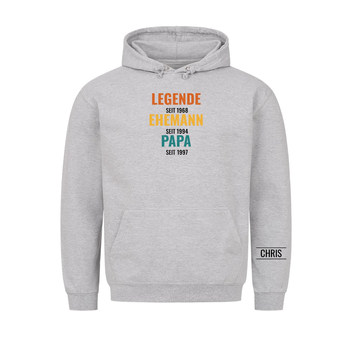 Legende Ehemann Papa T-Shirt mit Jahreszahlen und Name am Ärmel. Geschenk für Papa