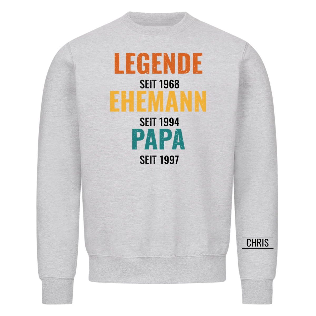 Legende Ehemann Papa T-Shirt mit Jahreszahlen und Name am Ärmel. Geschenk für Papa