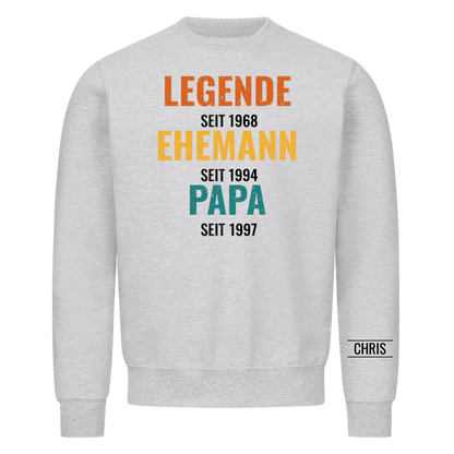 Legende Ehemann Papa T-Shirt mit Jahreszahlen und Name am Ärmel. Geschenk für Papa