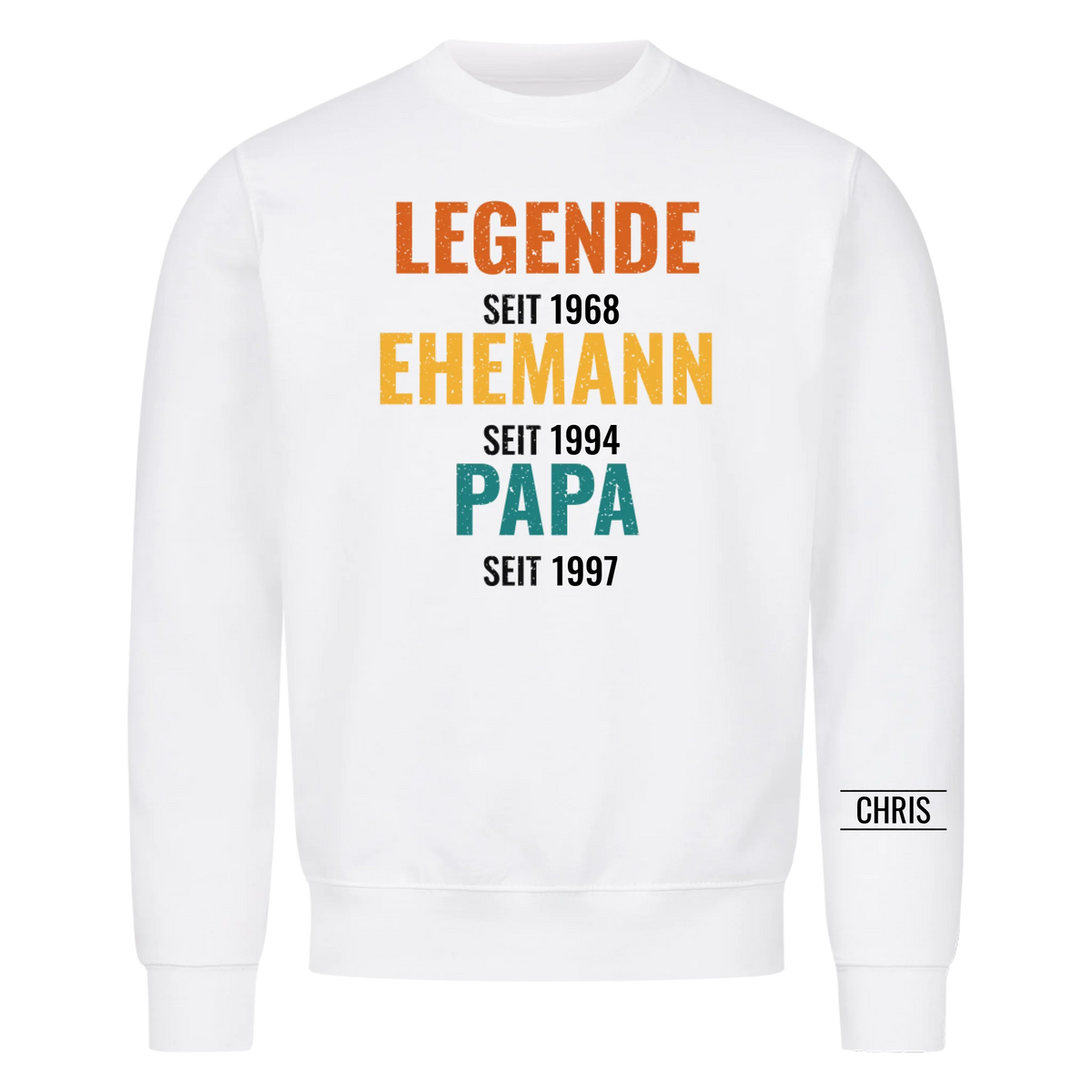 Legende Ehemann Papa T-Shirt mit Jahreszahlen und Name am Ärmel. Geschenk für Papa