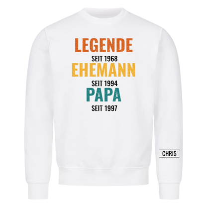 Legende Ehemann Papa T-Shirt mit Jahreszahlen und Name am Ärmel. Geschenk für Papa