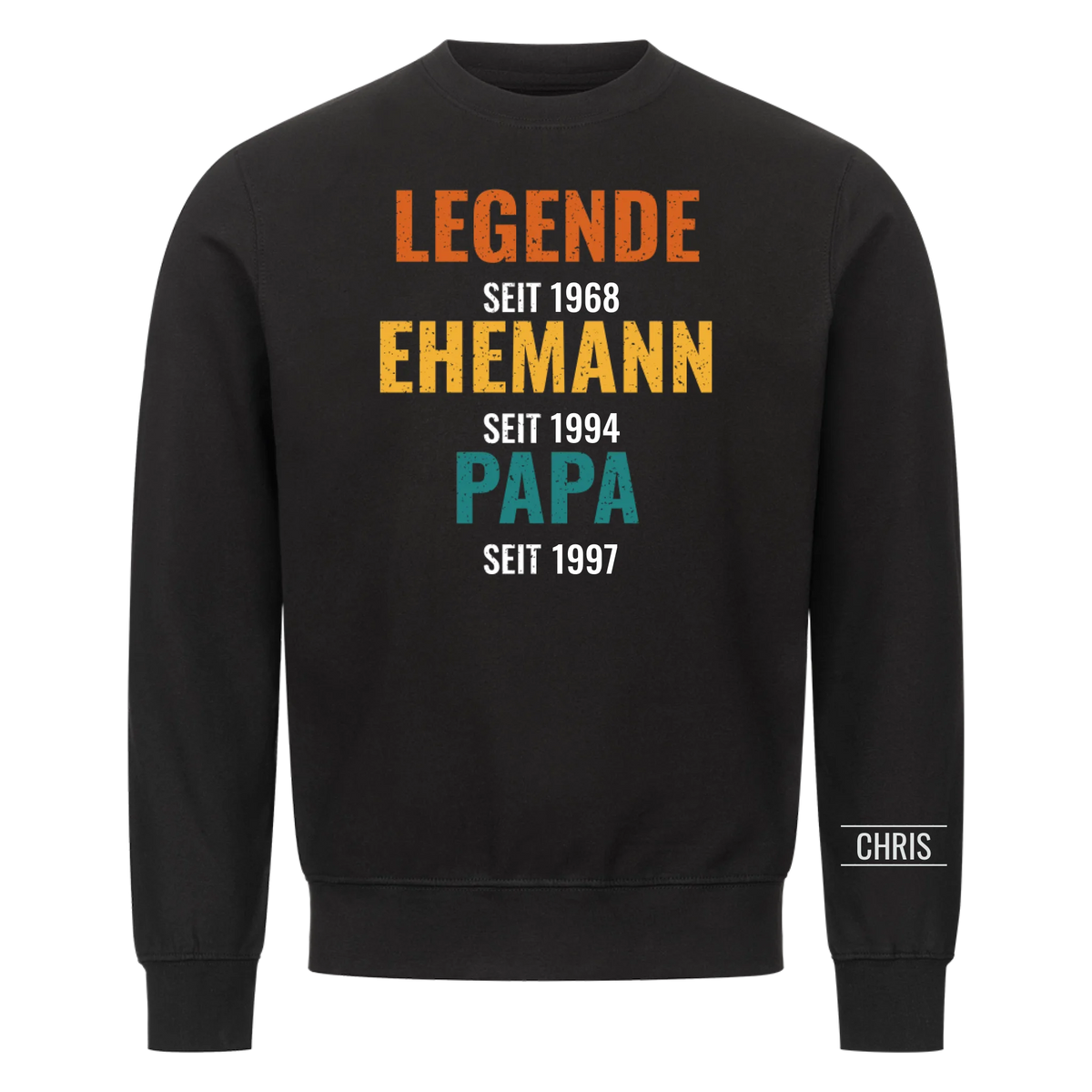 Legende Ehemann Papa T-Shirt mit Jahreszahlen und Name am Ärmel. Geschenk für Papa