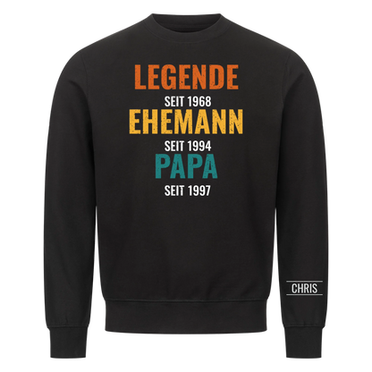 Legende Ehemann Papa T-Shirt mit Jahreszahlen und Name am Ärmel. Geschenk für Papa
